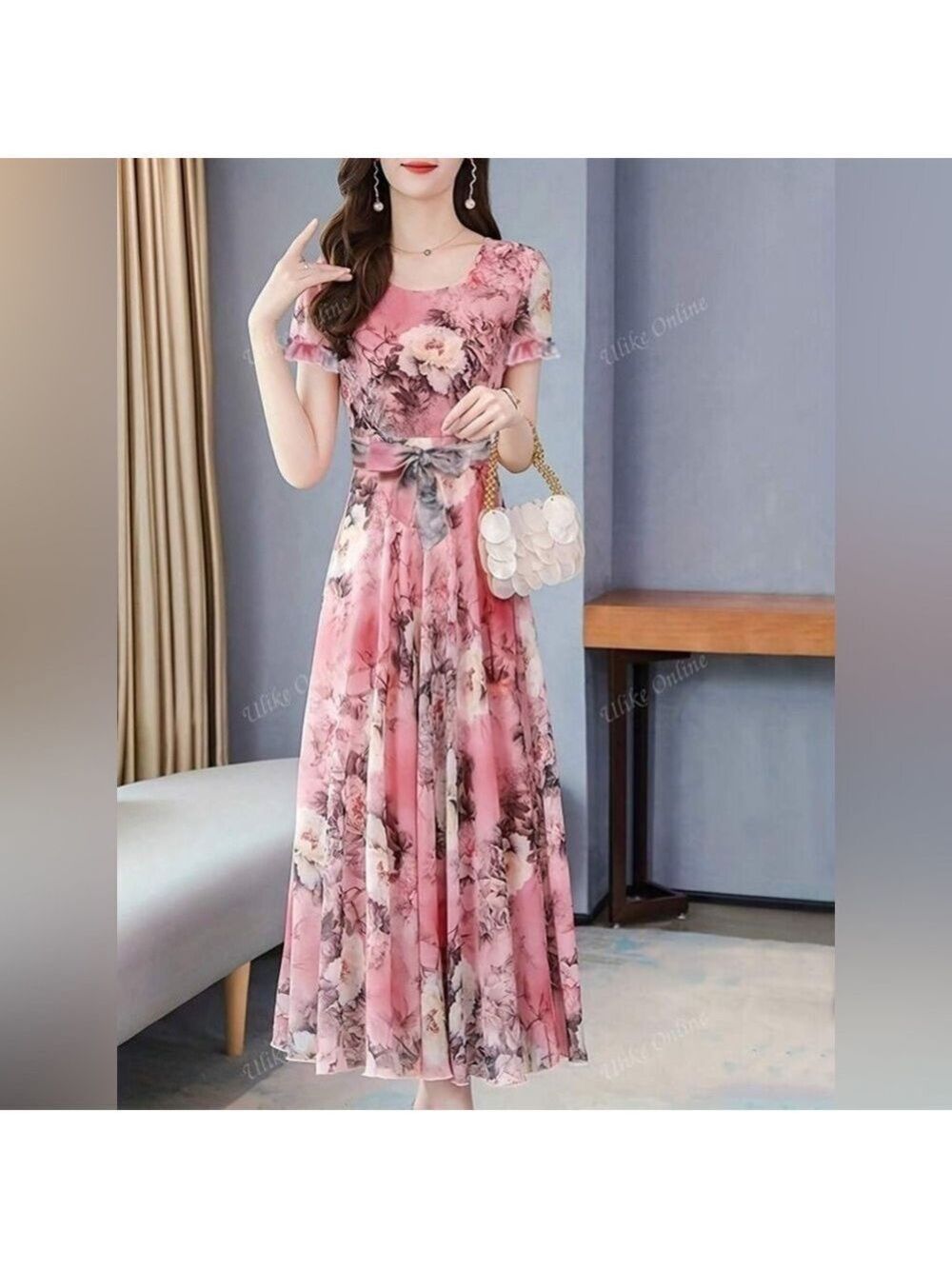 Pink Floral Round Neck Short Sleeve Dress